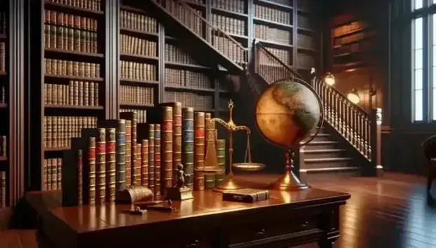 Biblioteca clásica con estanterías de madera oscura llenas de libros encuadernados en cuero, globo antiguo y balanza de bronce sobre mesa, iluminados por lámpara de pie.