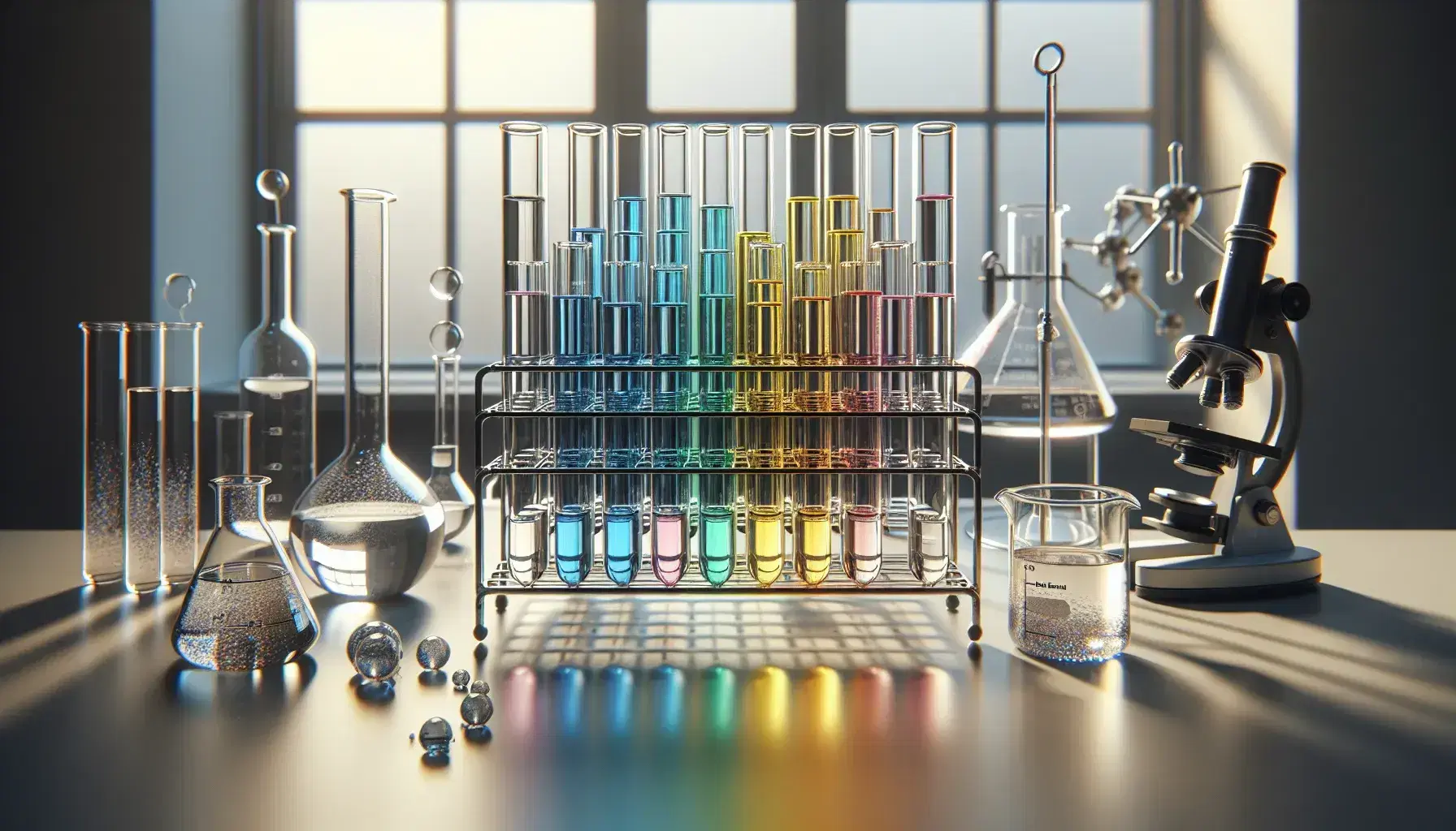 Tubos de ensayo con líquidos de colores en soporte metálico, matraz Erlenmeyer y balanza analítica en laboratorio químico, reflejando la luz.