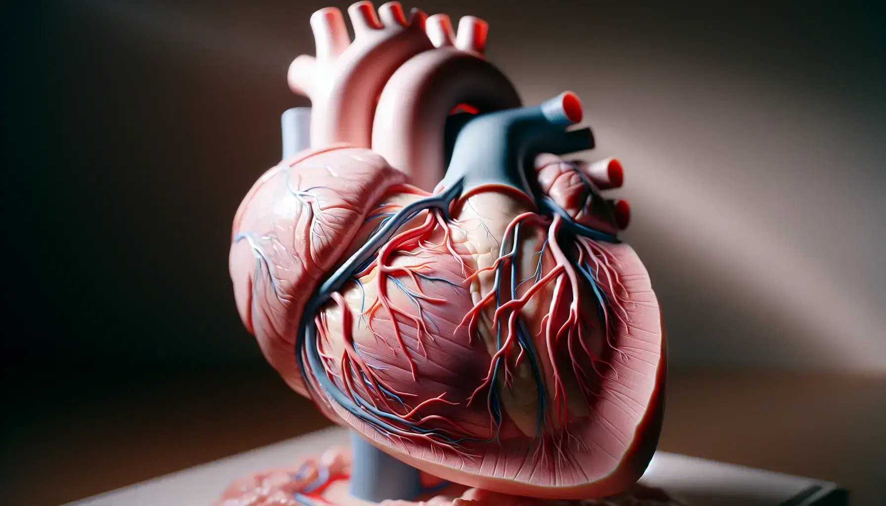 Modelo anatómico detallado del corazón humano seccionado mostrando cámaras internas, arterias coronarias en rojo y venas cardíacas en azul.