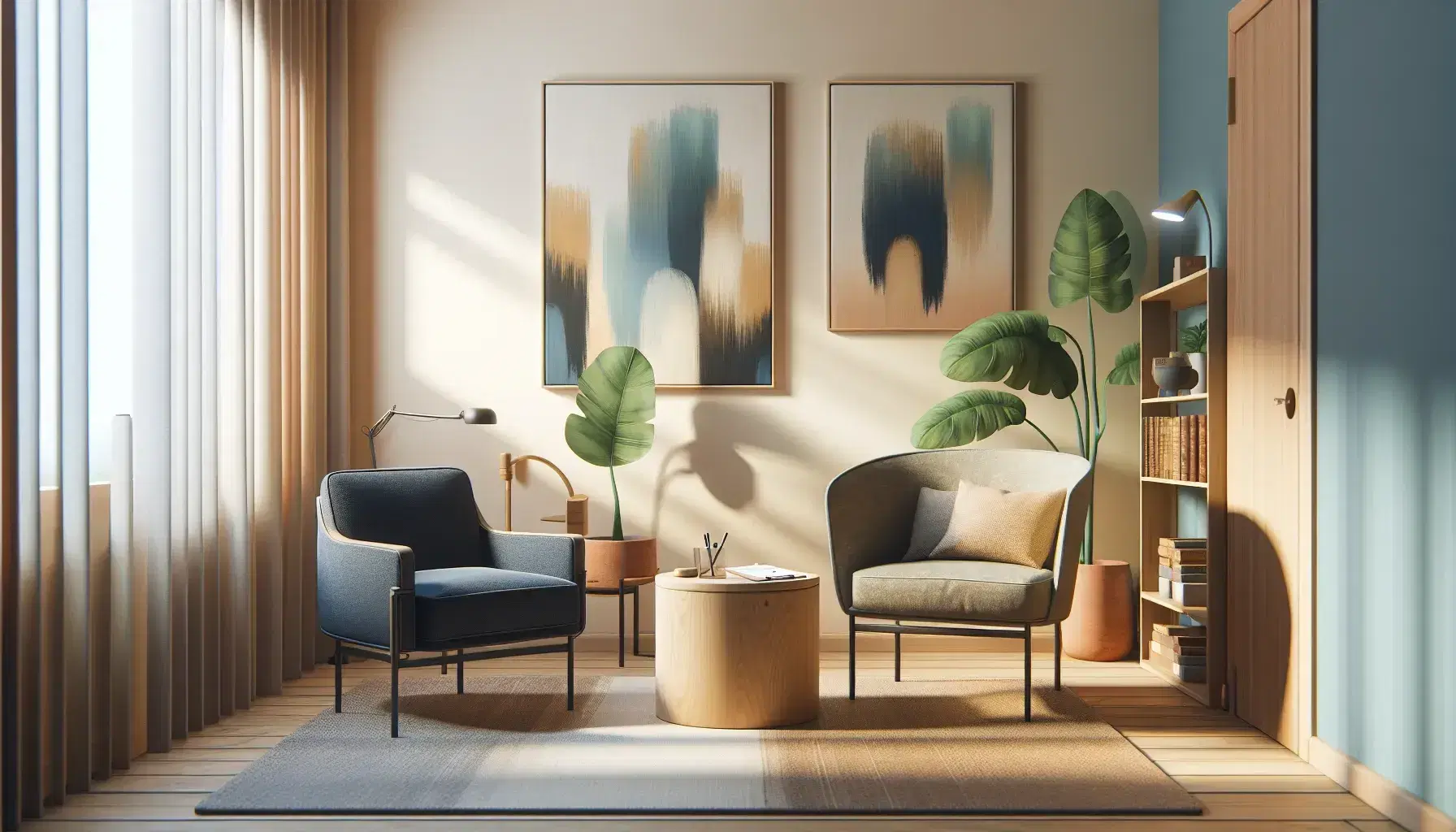 Ambiente sereno per colloqui psichiatrici con poltrona blu, sedia in legno, tavolino, quadri astratti e libreria.