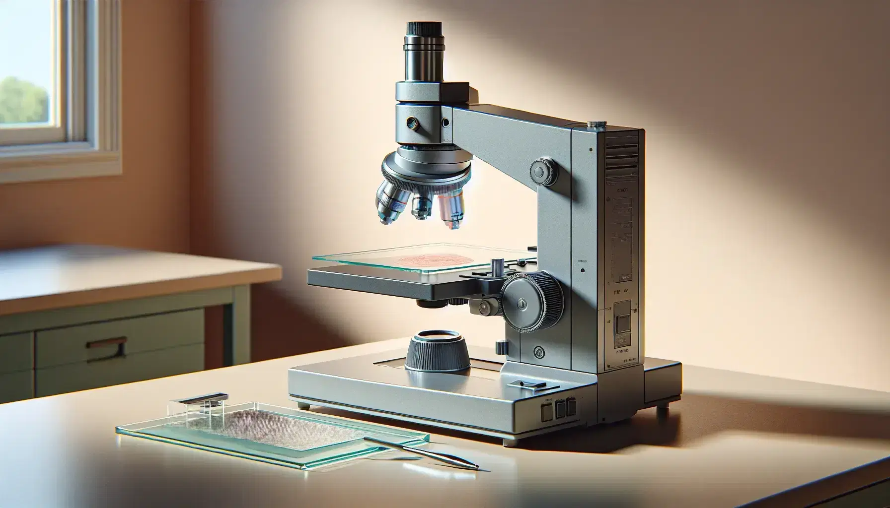 Microscopio ottico da laboratorio su tavolo con vetrino contenente tessuto biologico, illuminazione soffusa, ambiente scientifico.