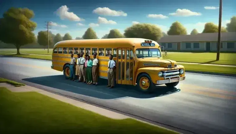 Vintage yellow school bus parked on asphalt road with group of African American teenagers in 1950s clothing approaching determinedly.
