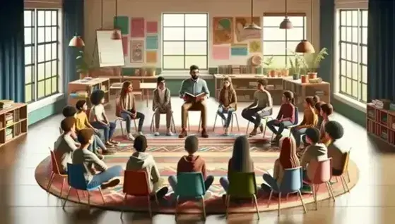 Gruppo di studenti multietnici seduti in cerchio su sedie colorate in aula luminosa, con insegnante al centro che tiene un libro aperto.