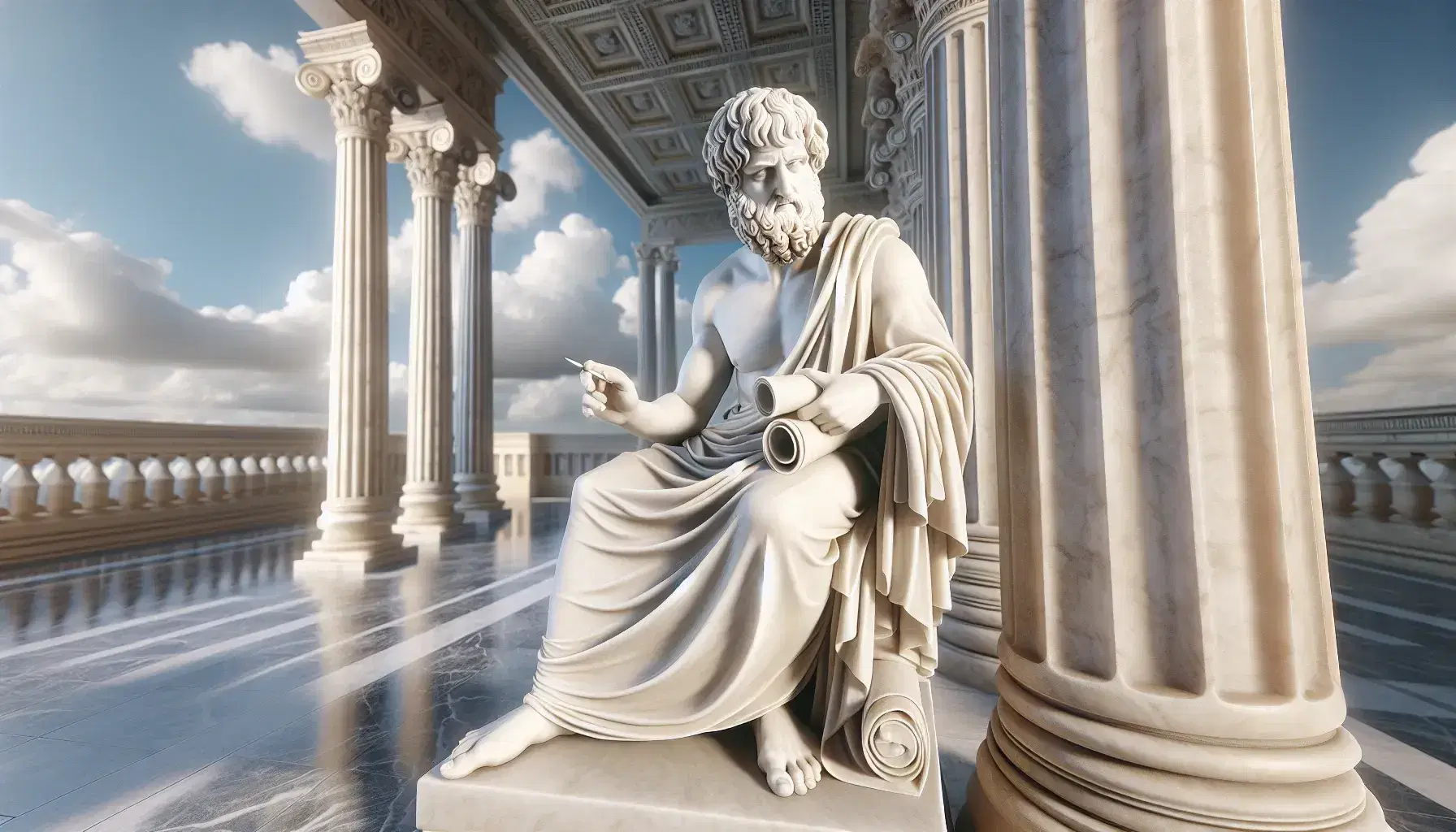Estatua de mármol blanco de Aristóteles pensativo con túnica, mano extendida y rollo, ante columnas corintias y cielo azul.