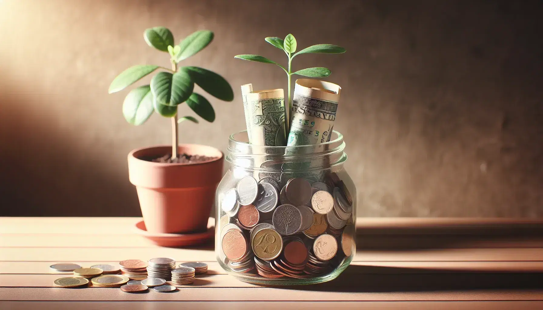 Glass savings jar filled with mixed coins and rolled banknotes on a wooden table, with a potted plant in the background, symbolizing financial growth.