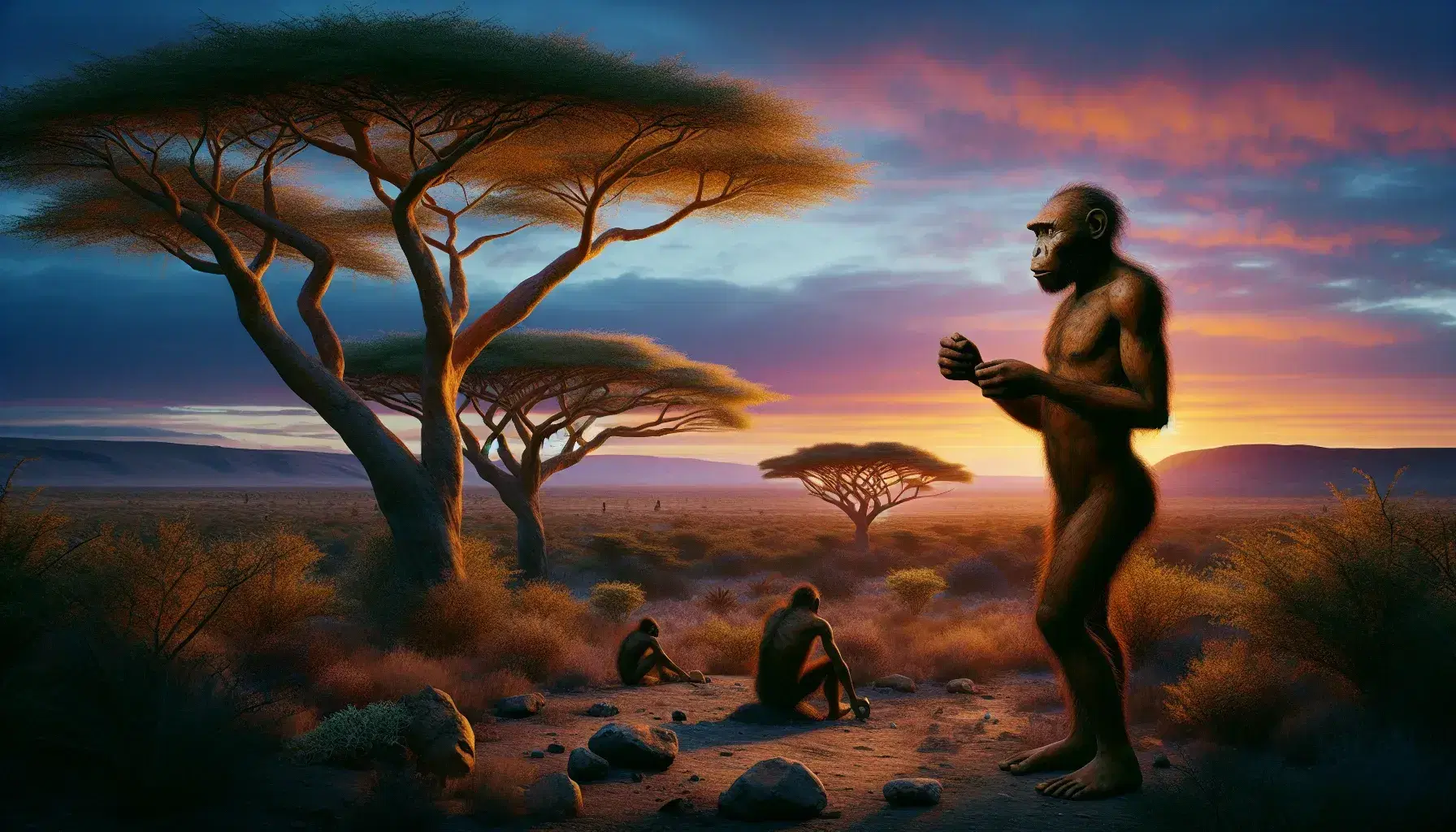 Reconstrucción realista de un paisaje africano al atardecer con un Homo ergaster sosteniendo una herramienta de piedra, acacias y montañas al fondo.