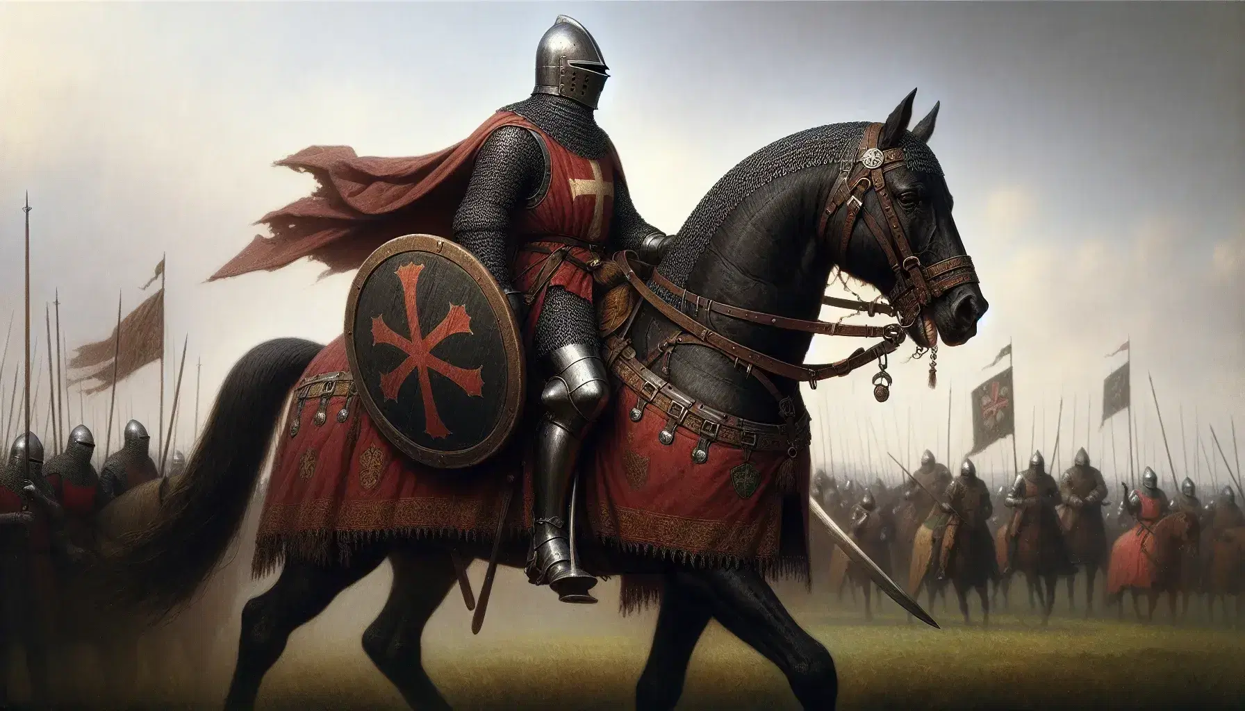 Medieval knight in red surcoat and chainmail on dark bay horse, wielding sword and shield with plain cross, on a blurred battlefield backdrop.
