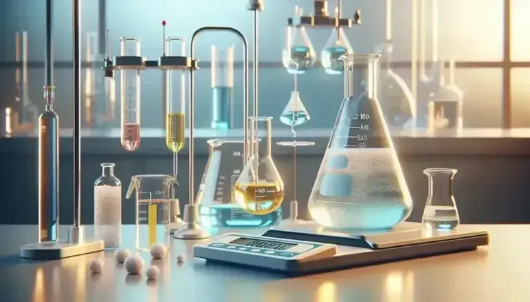 Laboratorio químico con matraz Erlenmeyer con líquido azul, cilindro graduado amarillo, bureta con líquido rojo y balanza digital con cristales.