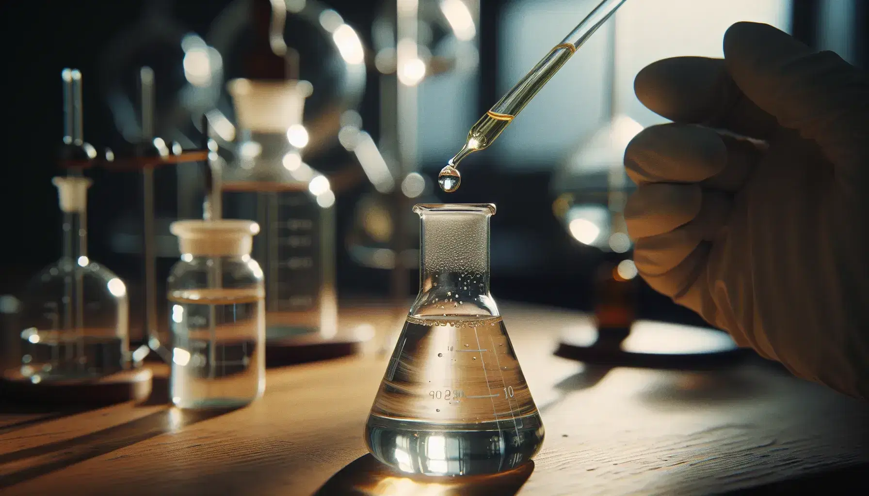 Glass vial on laboratory bench with colorless liquid and bubbles, pipette with yellow liquid held by gloved hand, blurred laboratory background.