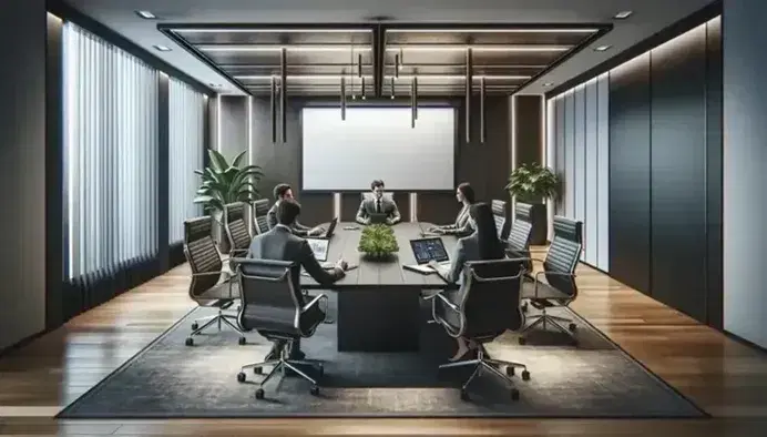 Sala de reuniones corporativa con mesa rectangular de madera oscura, sillas ergonómicas negras, dispositivos electrónicos y cuatro profesionales en atuendo de negocios junto a pantalla blanca y planta interior.