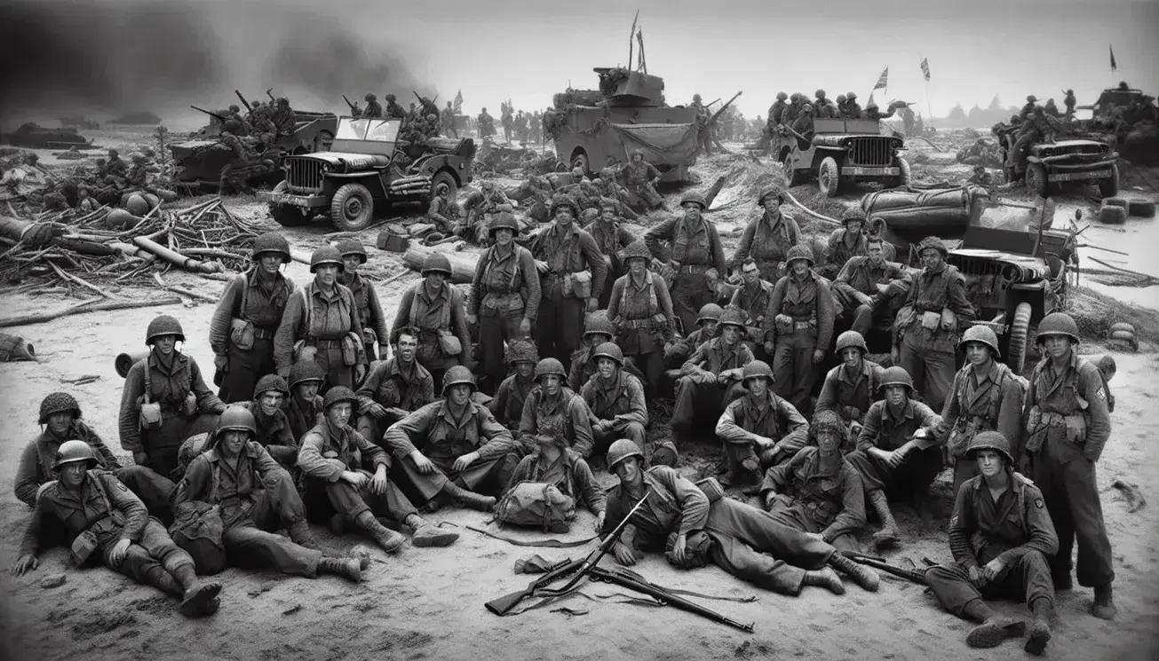 Soldati alleati in uniforme della Seconda Guerra Mondiale posano tra rovine e veicoli militari, simbolo di vittoria e fratellanza.