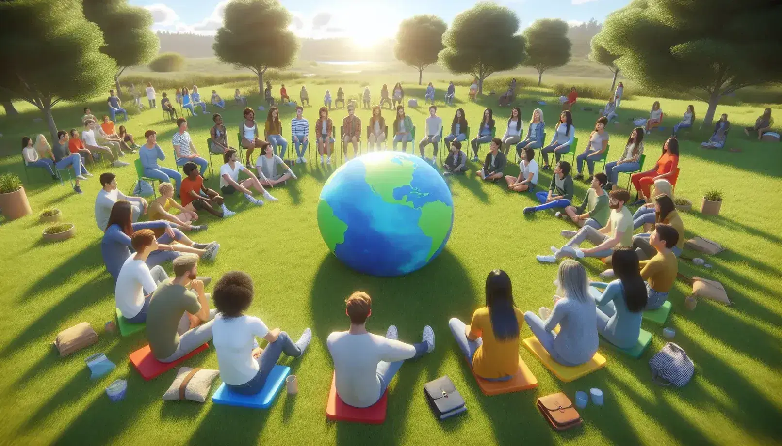 Grupo diverso de jóvenes sentados en círculo en un parque con un globo terráqueo en el centro, conversando activamente en un día soleado.