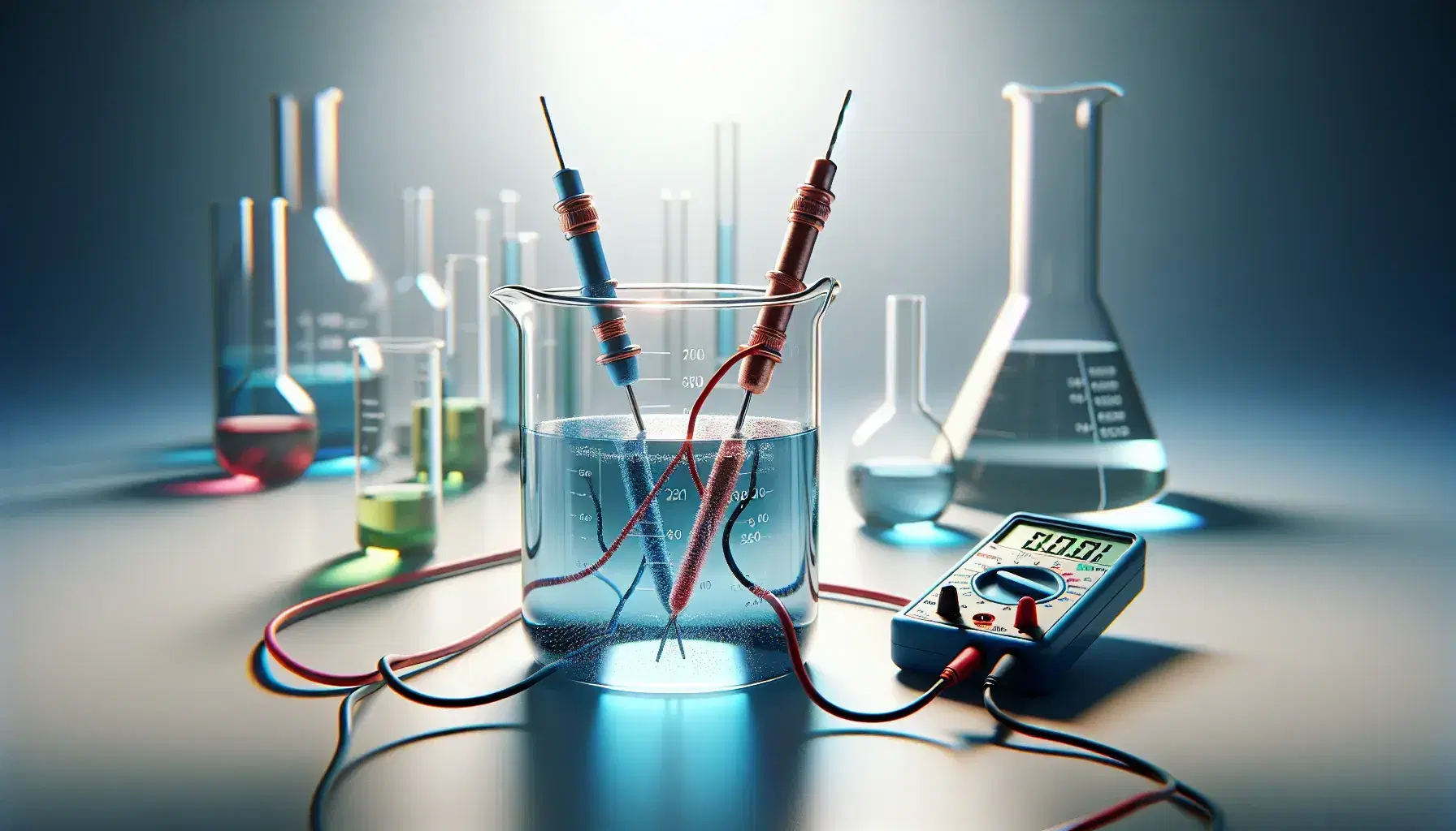 Glass beaker with blue liquid and two electrodes, one copper and one zinc, connected to a digital multimeter on laboratory background.