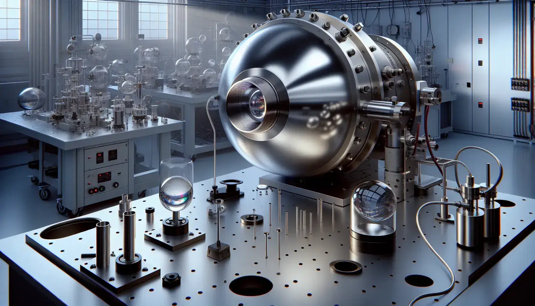 Laboratory with vacuum chamber, optical table with lenses and prisms creating a spectrum, and electronic devices on a rack in a clean, well-lit setting.