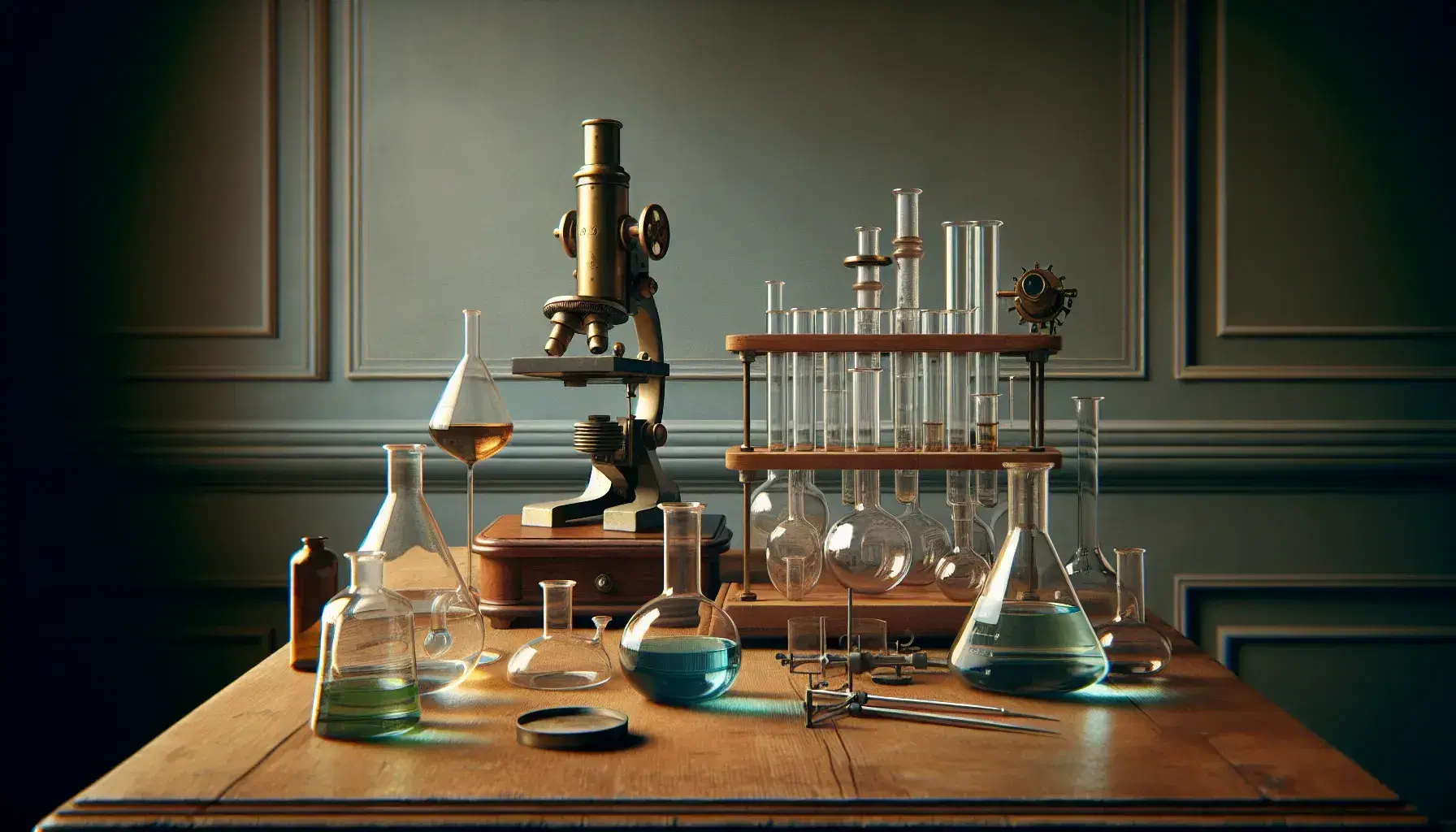 Historic science laboratory with clear glassware, defocused brass microscope and Bunsen burner, soft natural lighting.