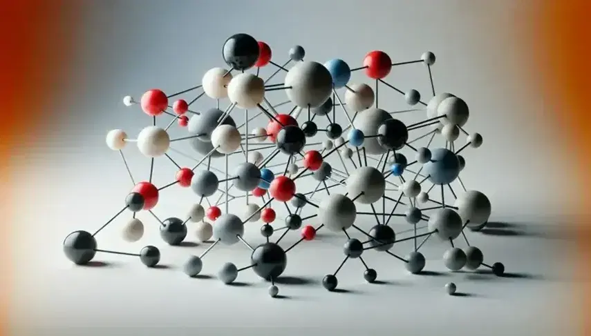 Estructura molecular tridimensional con esferas de colores rojo, blanco, negro y azul unidas por varillas grises sobre fondo neutro.