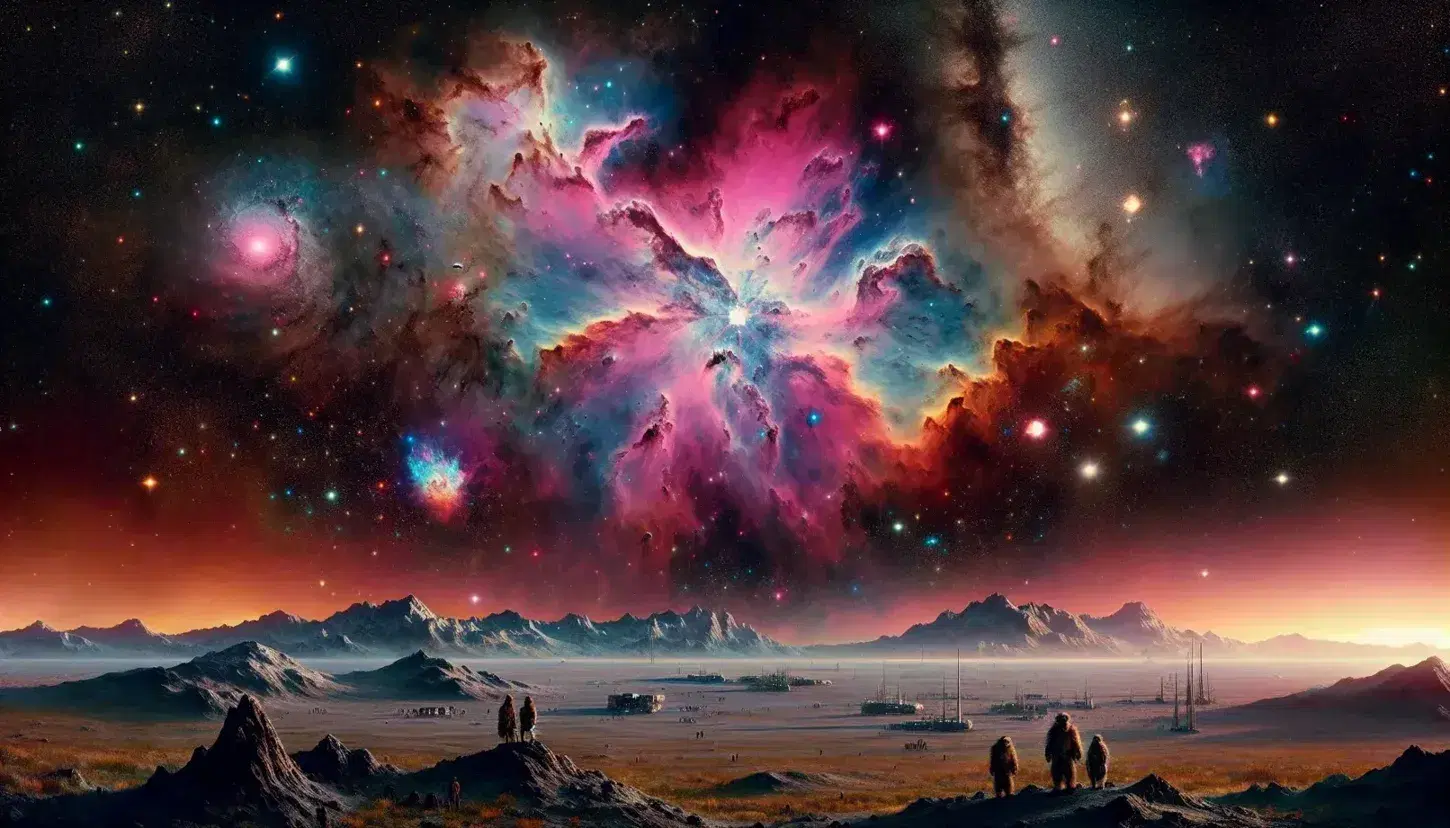Vista panorámica del espacio con estrellas, nebulosa multicolor en el centro, planeta con atmósfera azul y homínidos con herramienta en un atardecer.