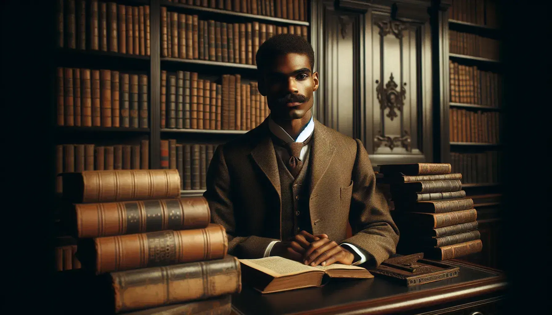Vintage sepia photograph of an African American man in a suit seated at a desk with books, evoking a scholarly atmosphere in a library setting.
