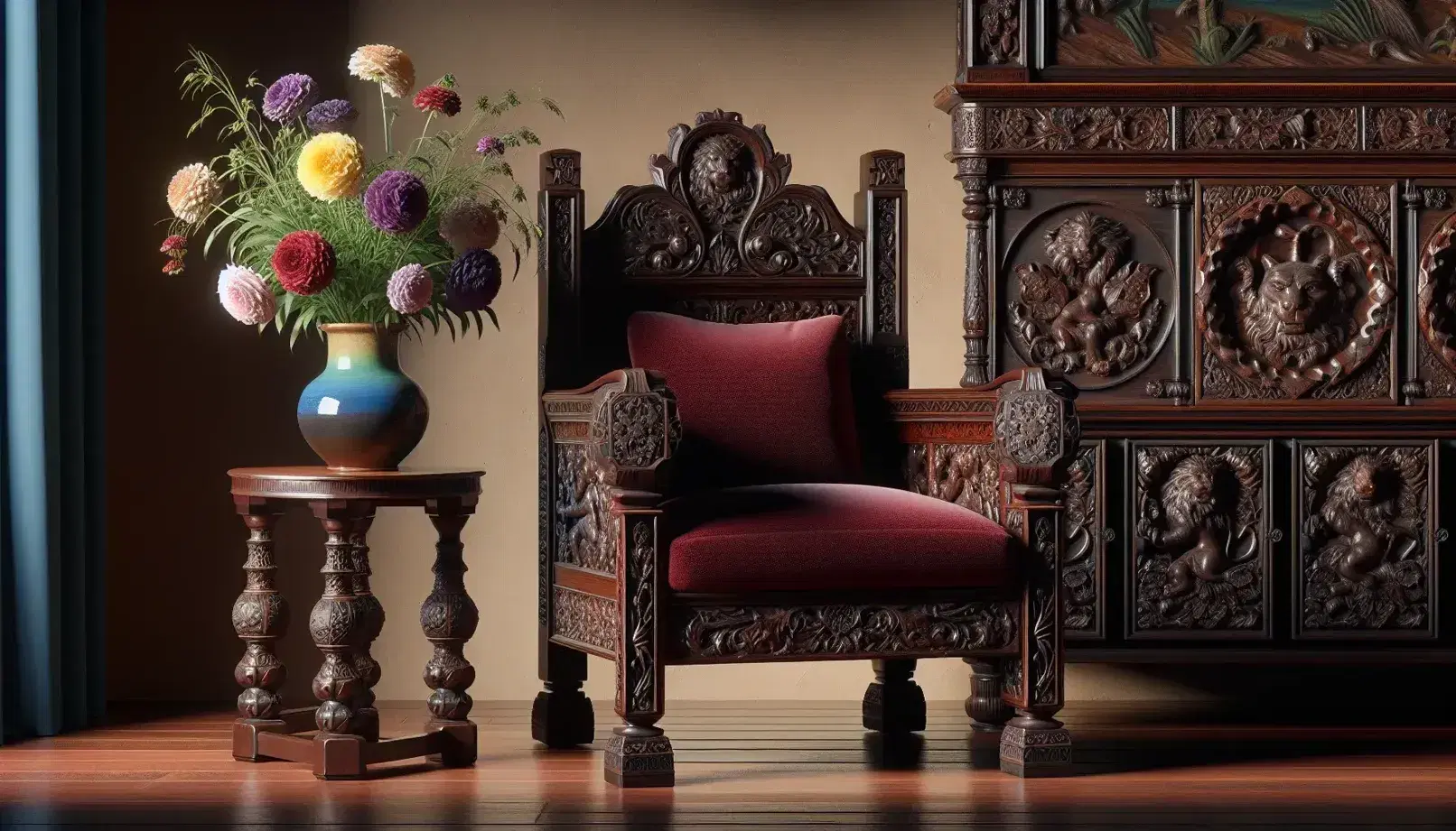 Elegant Spanish butaca armchair with red velvet upholstery and dark wood carvings, beside a round table with a blue gradient vase and colorful flowers.