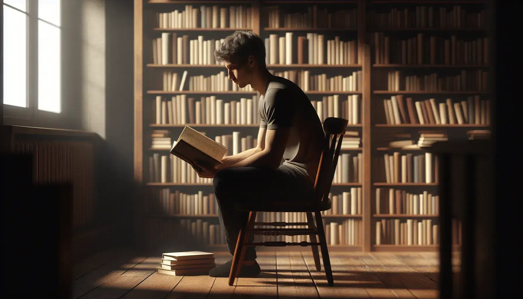 Persona leyendo un libro sentada en silla de madera clásica, con estantería llena de libros y taza en mesa lateral, en ambiente interior tranquilo.