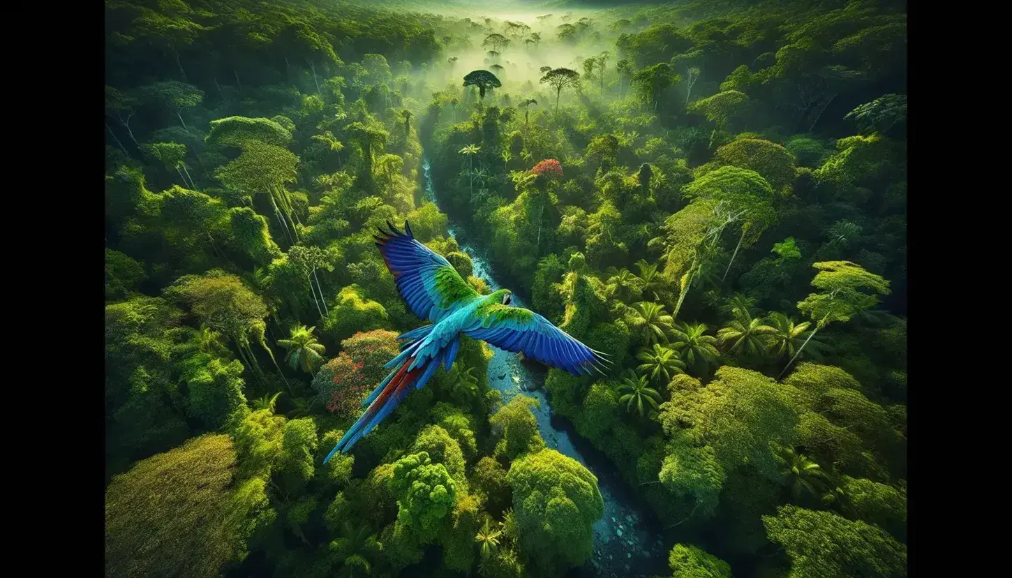 Aerial view of the dense canopy of a rainforest with a blue and green macaw in flight, reflections of sunlight on a meandering stream.