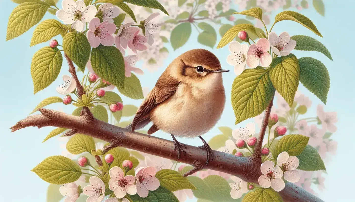 Small bird with chestnut back and white belly perched on a blooming tree branch with pink and white flowers against a clear blue sky.