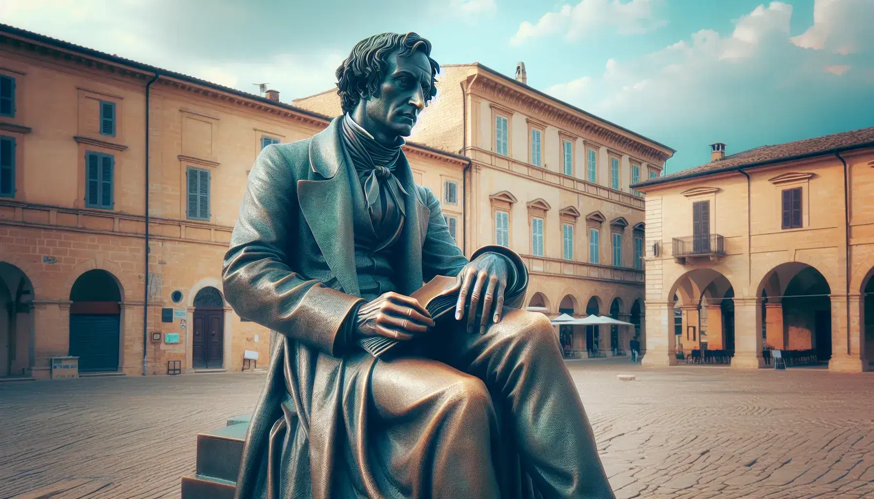 Statua in bronzo di figura storica seduta pensierosa con abito d'epoca e libro su piazza acciottolata, circondata da edifici del XIX secolo.