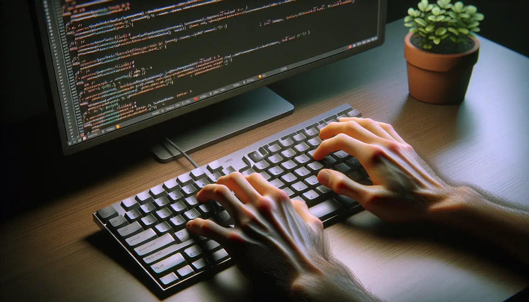 Hands resting on modern keyboard without visible characters, background with monitor and blurred Python code, green plant to the side.