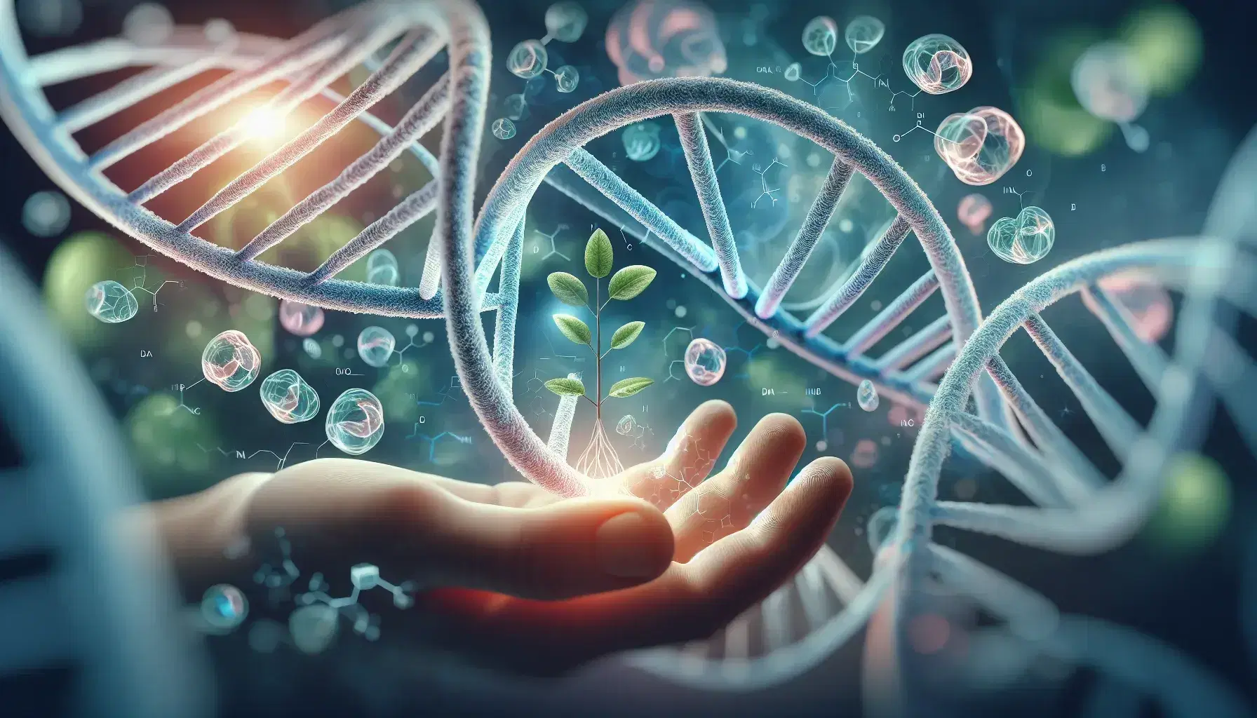 Three-dimensional structure of a DNA double helix with nucleotides in blue and pink, human hands holding a sprout, yellow-blue gradient background.