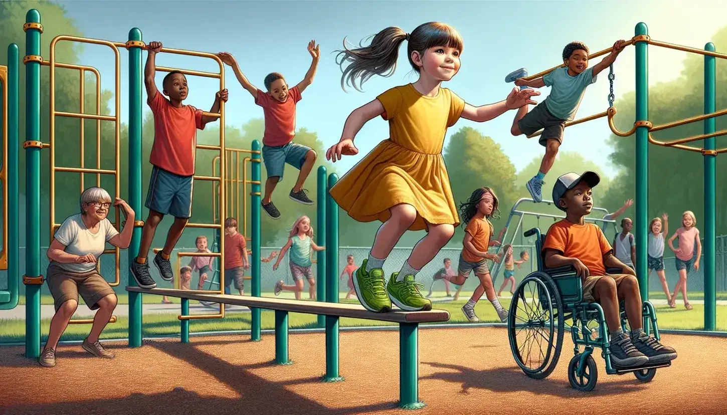Little girl with pigtails balancing on yellow beam, boy on climbing bars, group of children playing fly, child in wheelchair observes.