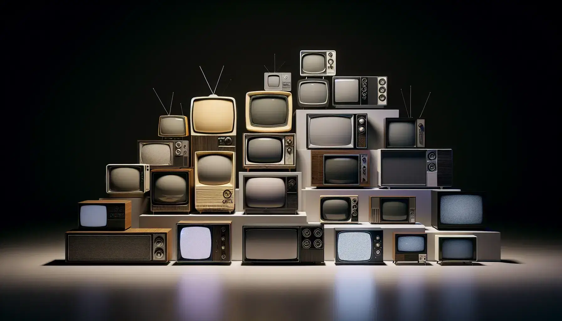 Colección de televisores de distintas épocas en secuencia cronológica, desde un modelo de los años 50 hasta un televisor de última generación ultrafino.