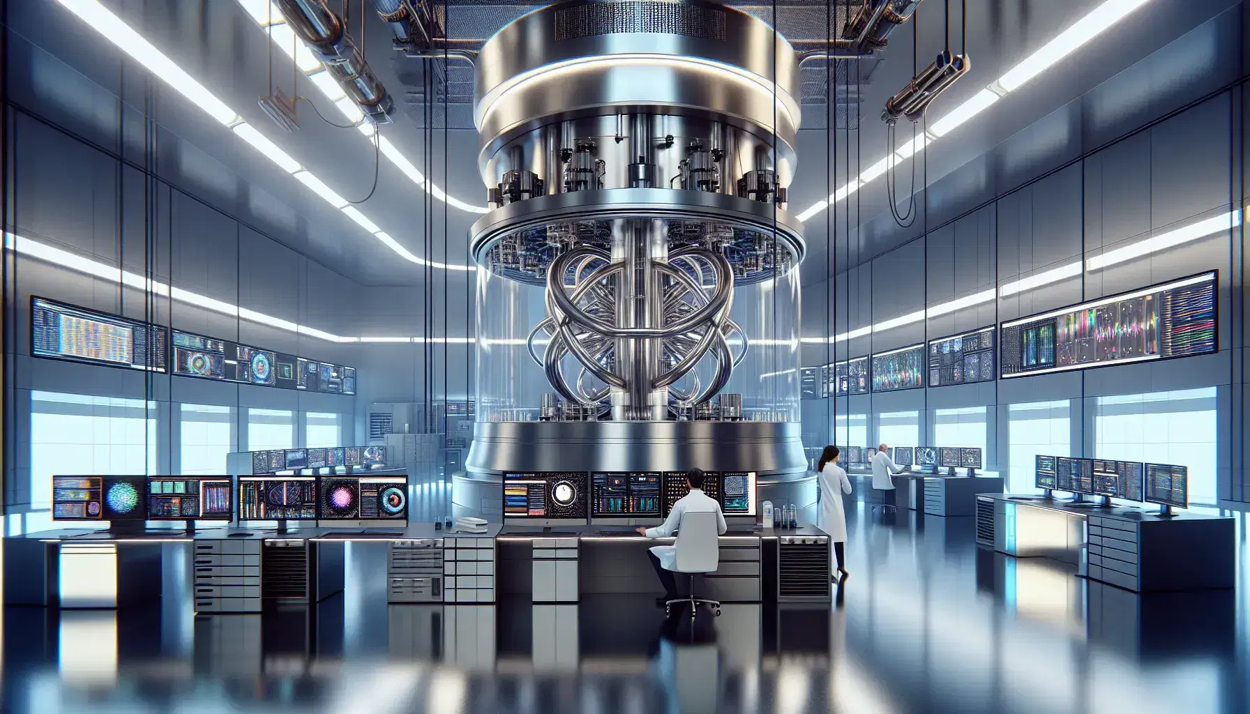 Modern quantum computer lab with scientists at work, featuring a cylindrical quantum computer suspended from the ceiling and high-tech equipment.