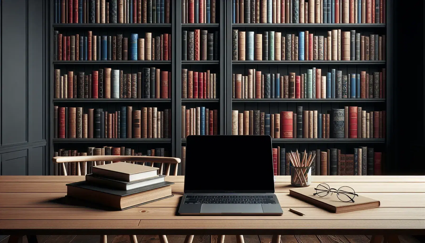 Biblioteca con estantes de madera oscura llenos de libros, mesa con laptop abierta, gafas y cuaderno, ambiente cálido y acogedor.
