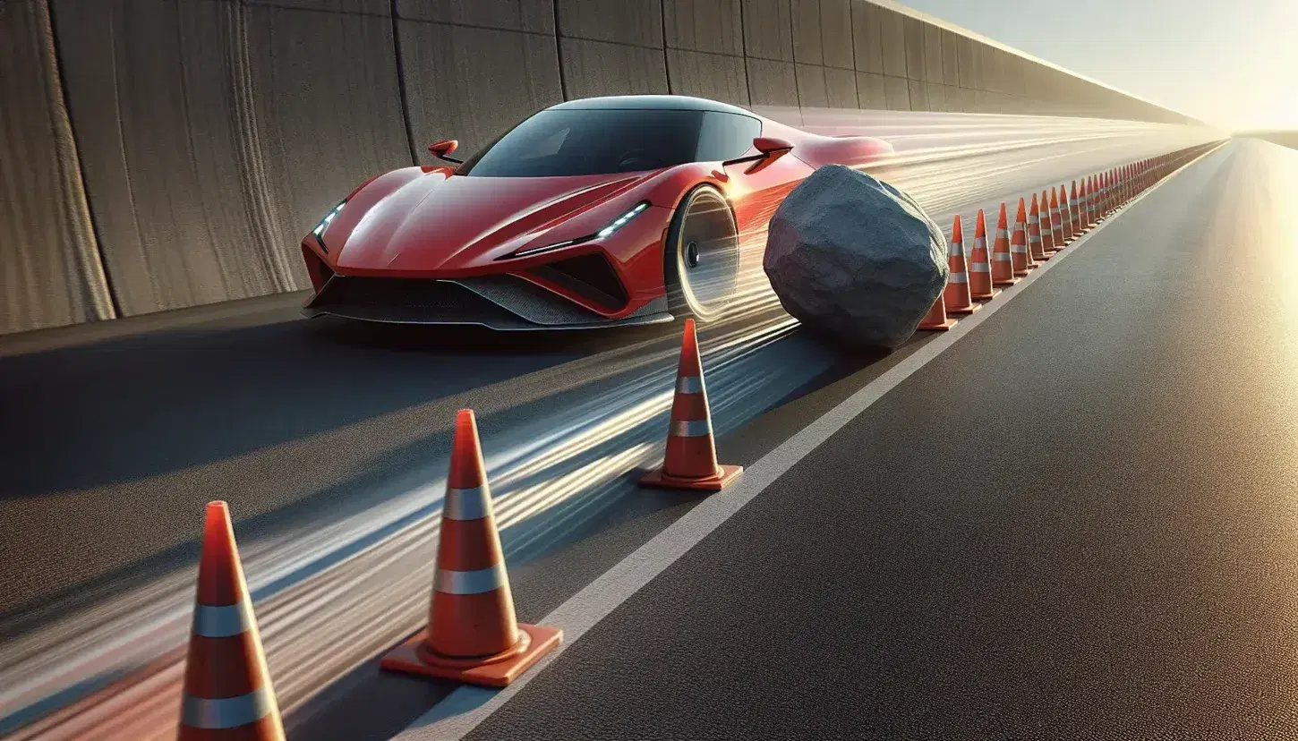 Red sports car accelerating on asphalt with spinning wheels, lined by orange traffic cones, observed by a person in a lab coat, under a clear blue sky.