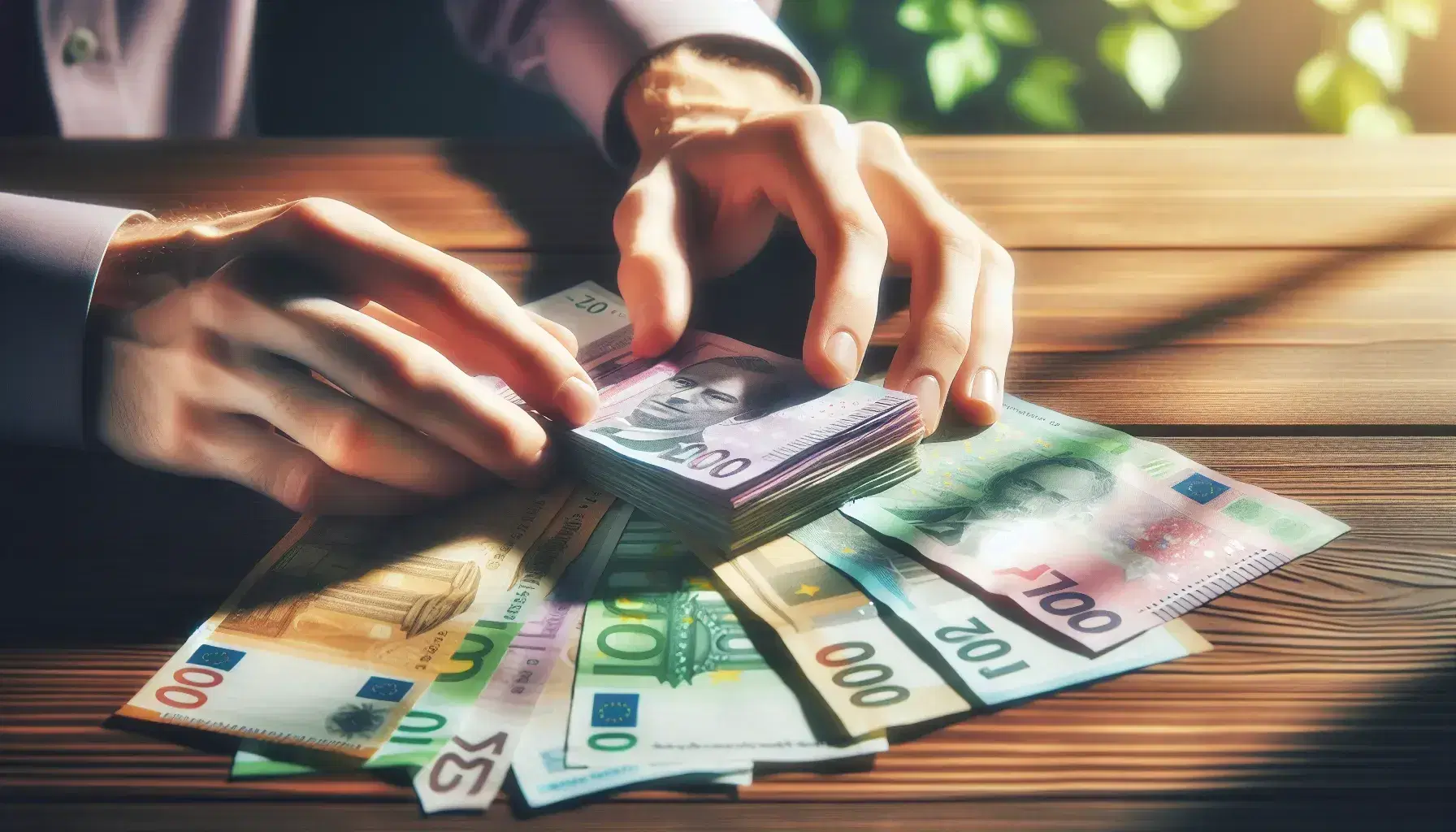 Close-up of hands counting a stack of colorful, unidentifiable currency bills on a wooden table, with a soft-focus green background.