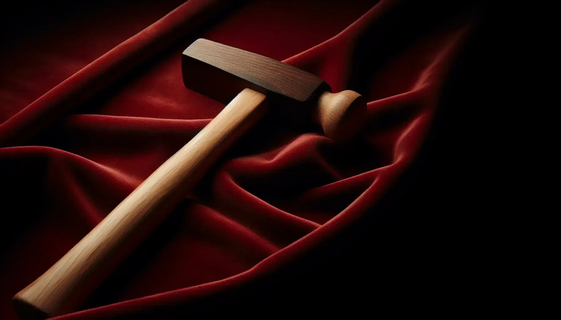 Martillo de madera con mango oscuro y cabeza clara sobre fondo de terciopelo rojo oscuro, mostrando texturas contrastantes y una composición diagonal elegante.