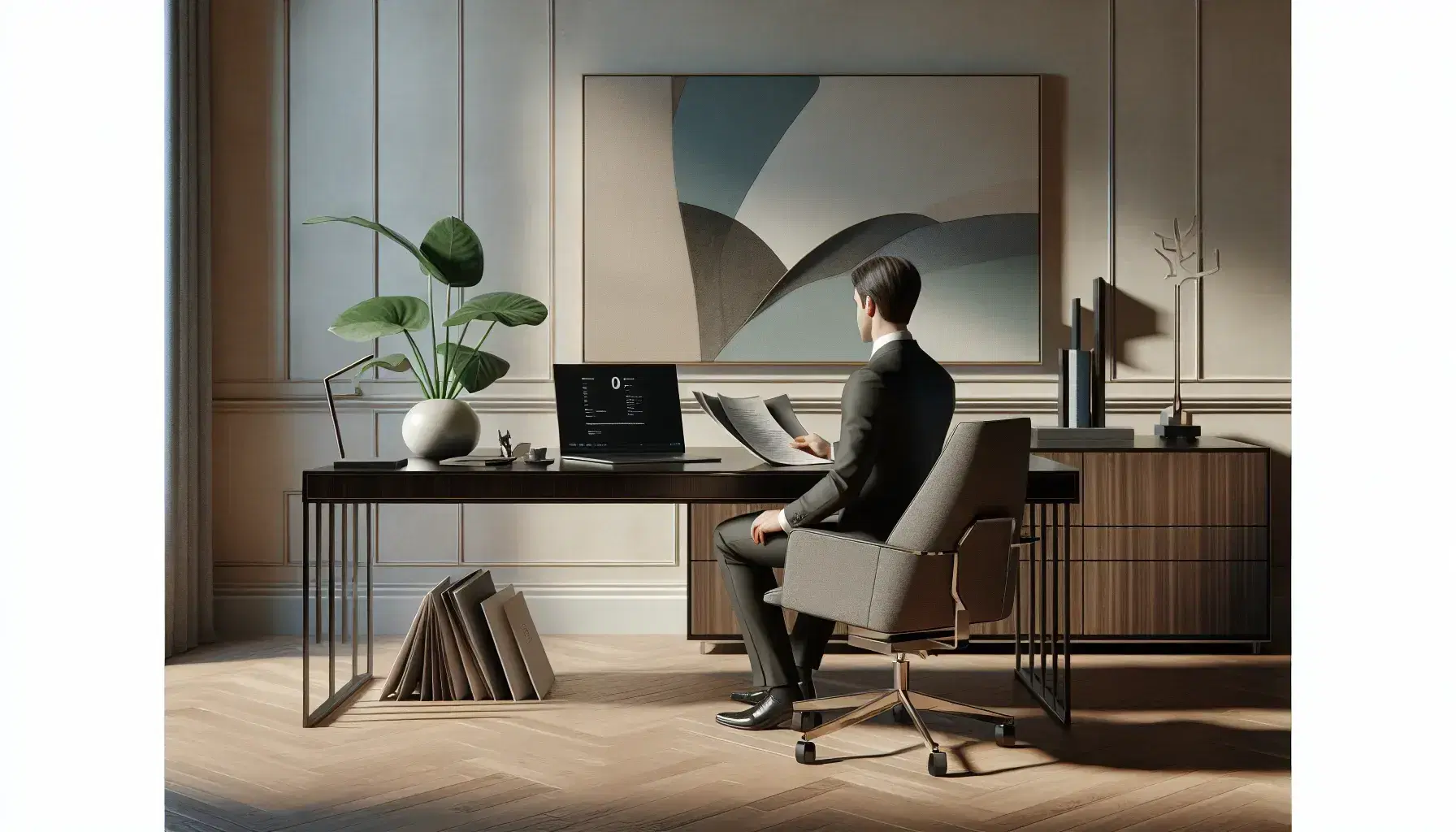 Ufficio moderno con scrivania in legno scuro, laptop spento, pianta verde, documenti impilati e figura umana in abito formale seduta su sedia ergonomica.