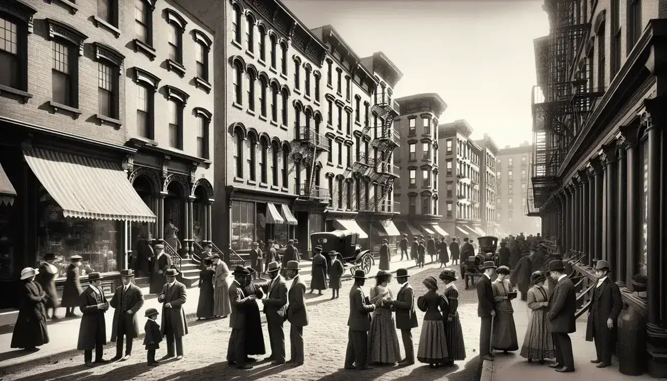 Early 20th-century Harlem street scene with diverse people in period attire, brick buildings with cornices, cobblestone roads, and vintage vehicles.