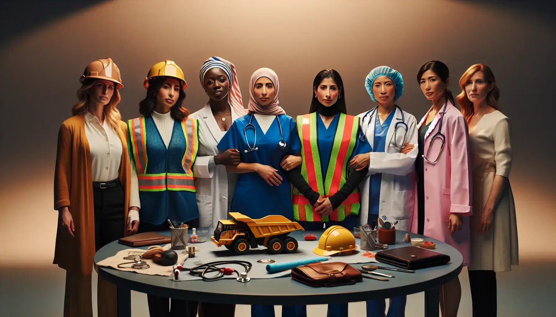 Diverse group of professional women in unity, with a Middle Eastern engineer, Black nurse, South Asian executive, Hispanic chef, and White scientist, standing together beside a table with work-related items.