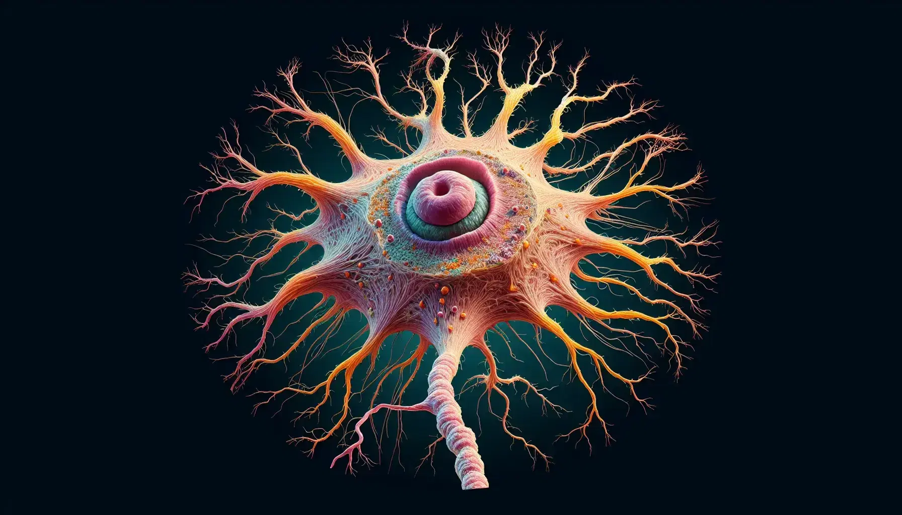 Neurone umano dettagliato con corpo cellulare rosa, dendriti ramificati e assone con guaine mieliniche giallo-arancio in ambiente biologico.