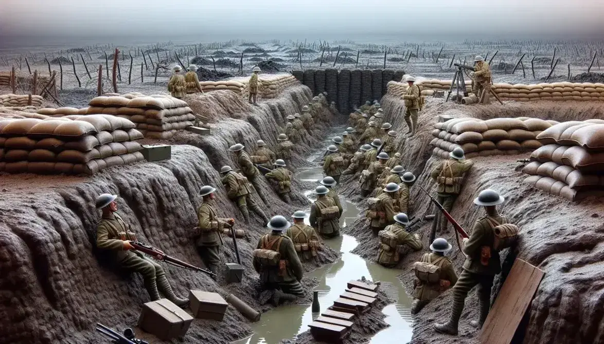 World War I trench warfare scene with soldiers in olive uniforms, steel helmets, amidst sandbag-lined trenches under a gloomy sky.