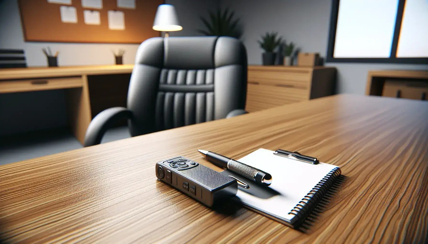 Forensic psychology office with wooden desk, digital voice recorder, notepad with pen, gray ergonomic chair and black chairs for clients.