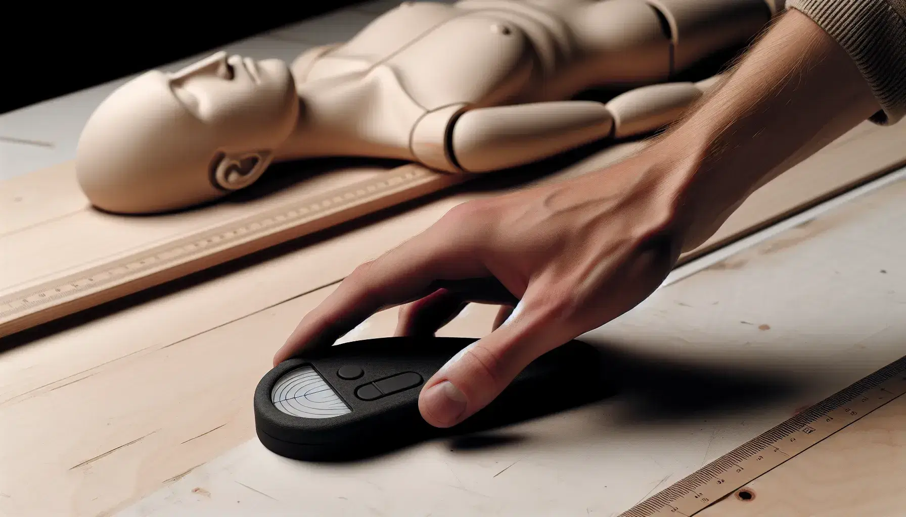 Mano sujetando dispositivo táctil de medición para invidentes con regla de madera y maqueta de sistema de flujo al fondo.