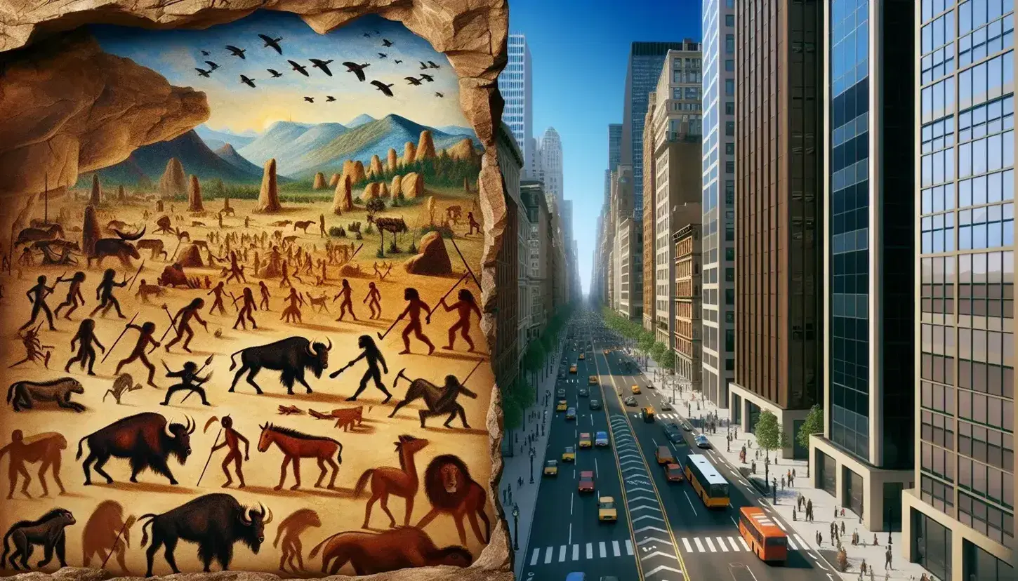 Contraste entre arte rupestre prehistórico con figuras humanas y animales y un paisaje urbano moderno con rascacielos y vehículos.