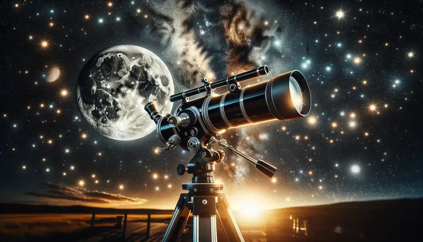 Cielo notturno stellato con luna piena luminosa e dettagliata, telescopio astronomico su treppiede a sinistra e terreno erboso sfocato.