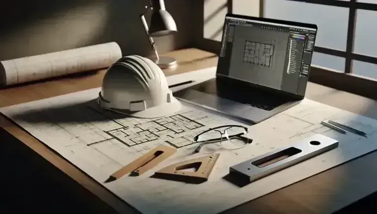 Mesa de trabajo de ingeniería con planos arquitectónicos, casco de seguridad blanco, gafas protectoras, escuadra metálica y cartabón de madera, fondo con portátil y software de diseño.
