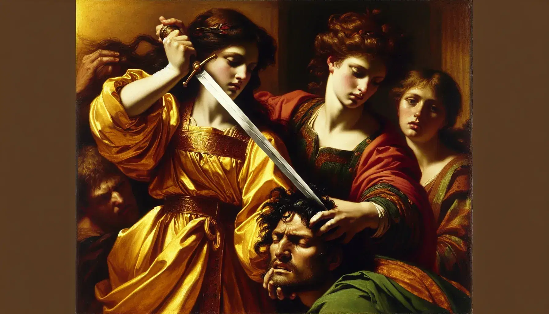 Giuditta decapita Oloferne in un dipinto di Artemisia Gentileschi, con due donne, luci e ombre drammatiche, e colori caldi.