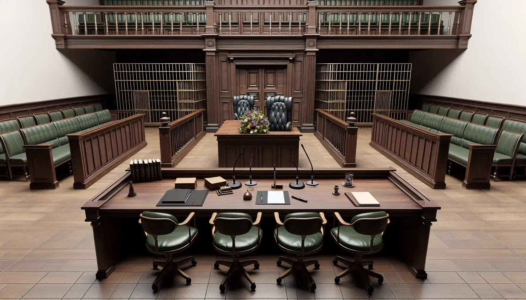 Aula di tribunale vuota con scrivania del giudice, microfoni, fiori, banchi per avvocati, tribuna testimoni, gabbia imputati e panche per pubblico.