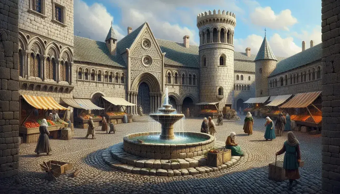 Piazza medievale animata con fontana in pietra, municipio romanico, banchi mercato e cittadini in costume d'epoca.
