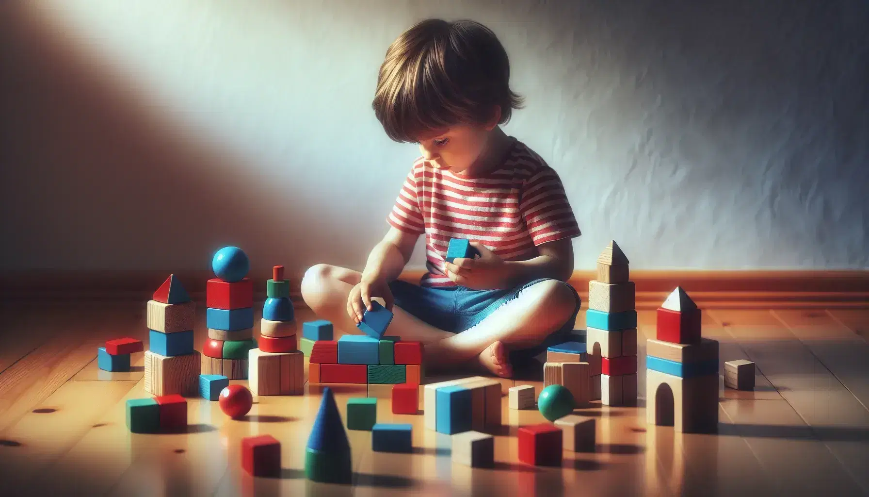 Bambino concentrato gioca con blocchi di legno colorati su pavimento, indossando maglietta a righe e pantaloncini blu.
